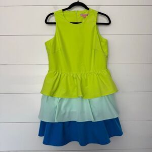 LDT Women’s 10 Green Blue Tiered Ruffle Mini Dress Bailey